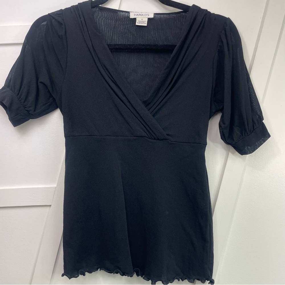 Harold's Black Fitted Wrap Blouse Short Sleeve